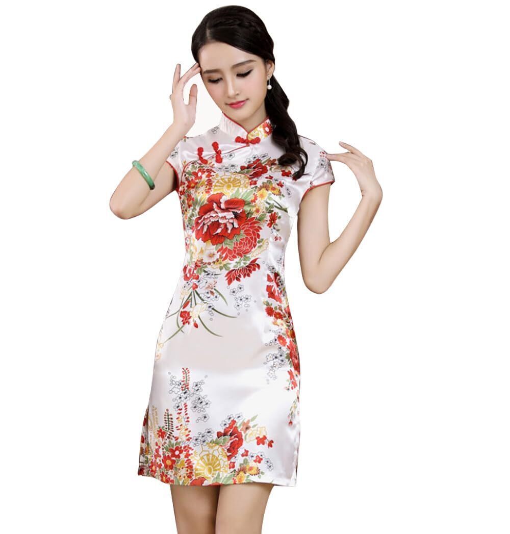 4818 Cheongsam Costume Short Sleeve Side Slit Floral Print Mini Bodycon